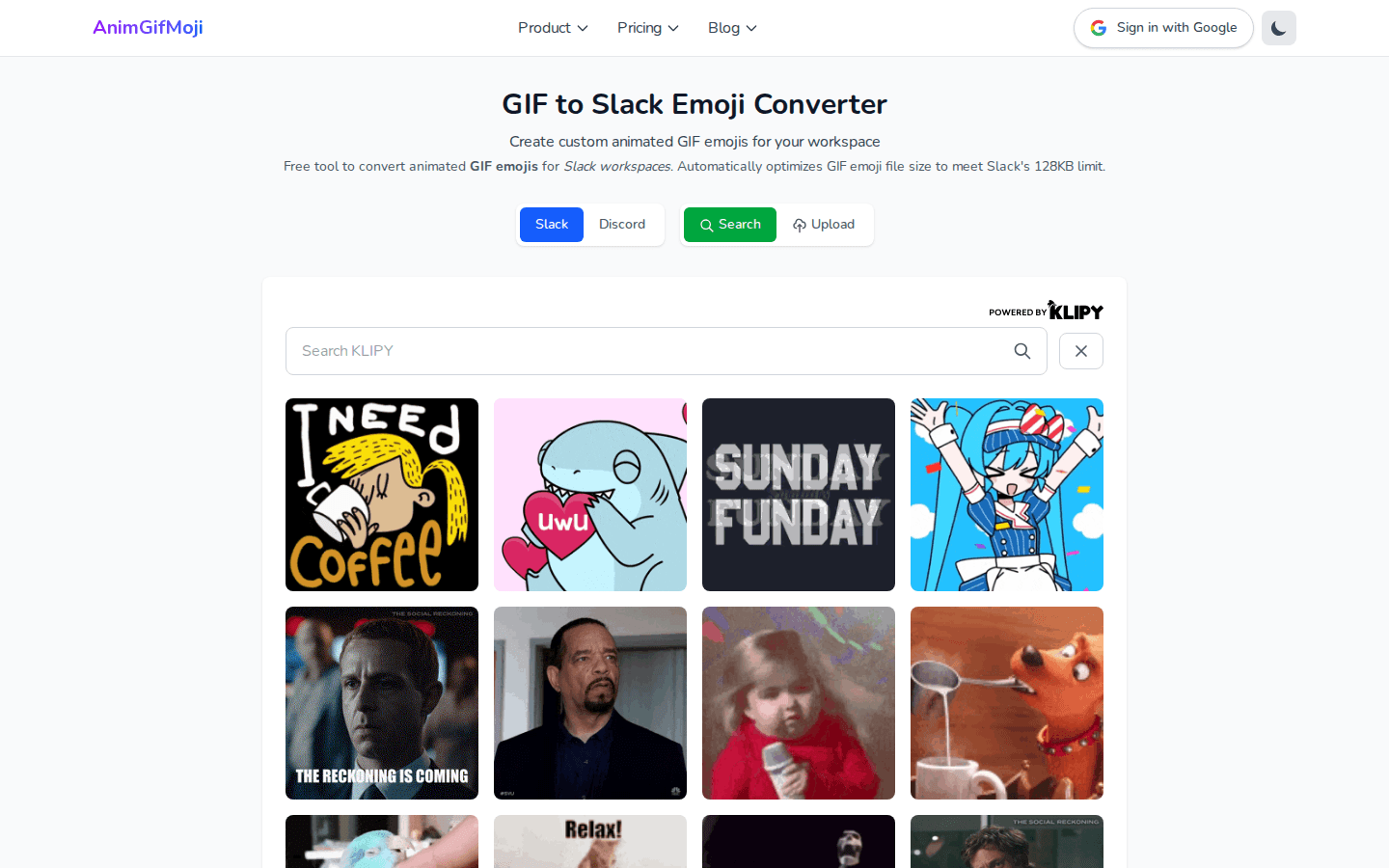 AnimGifMoji homepage showing the GIF to Slack emoji converter with a grid of searchable GIFs